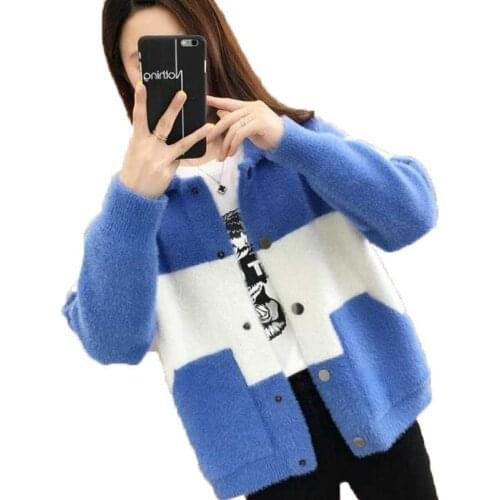 New autumn winter clothing mink velvet jacket female color matching short Korean loose student knitted cardigan overcoats women