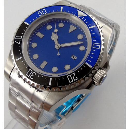 44mm Blue Date Dial Big Face Mens Watch Black Blue Ceramic Rotating Bezel SS Case Miyota Automatic Movement Wristwatch