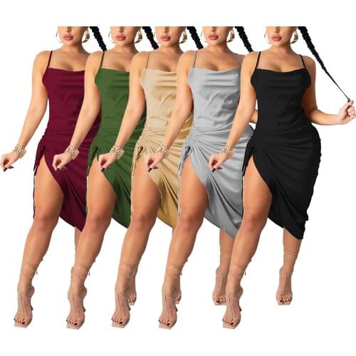 Solid Color Sexy Clubwear Dress Womens Fashion Suspender Dresses Backless Drawstring Skinny Mid-length Dress