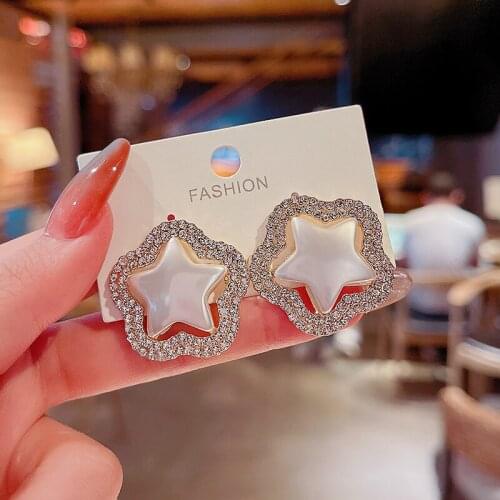 OLIRAFT 2021 Jewelry Korean Crystal Hollow Pearl Zircon Star Earrings Five-Pointed Star Cutout Stud Earrings Fashion Women Gift