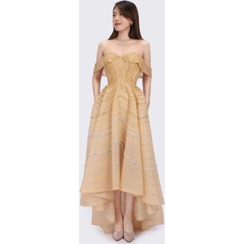 Dubai Gold Luxury 2021 Evening Dresses V-Neck Pearls Crystal Sleeveless Formal party