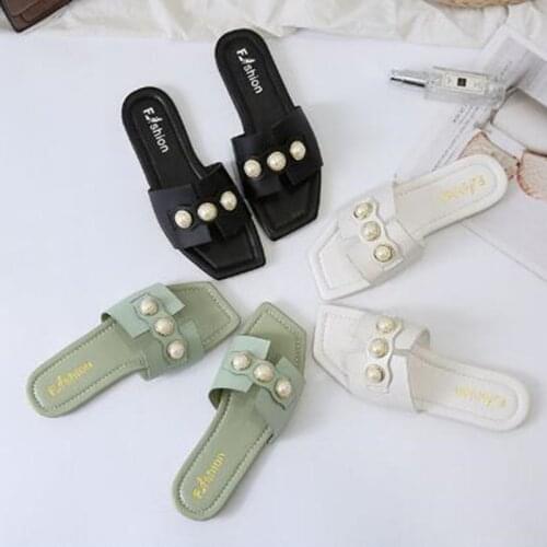 Fashion Summer Women Beaded Slippers PU Leather Vintage Flip Flop Flat with Slide Shoes Flat Slippers for Women Sandals 2021