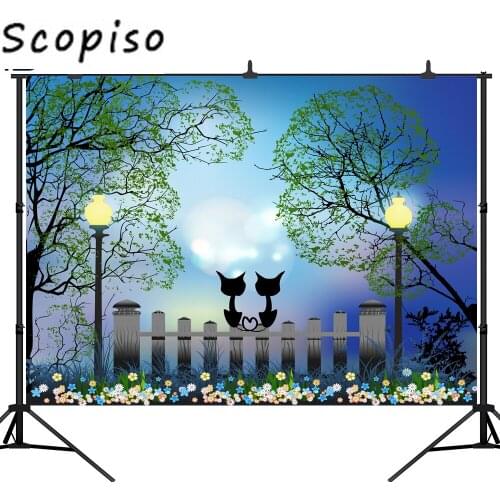 Scopiso Fairy Tale Love Cat Street Lamp Flowers Photography Backgrounds Customized Photographic Backdrops Photo Studio Prop