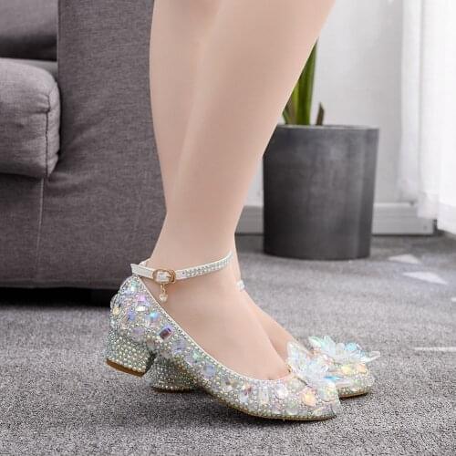 Women Wedding Shoes Crystal Flower Bling Low Heels Buckle Shallow Party Pumps Pointed Toe Square 3CM