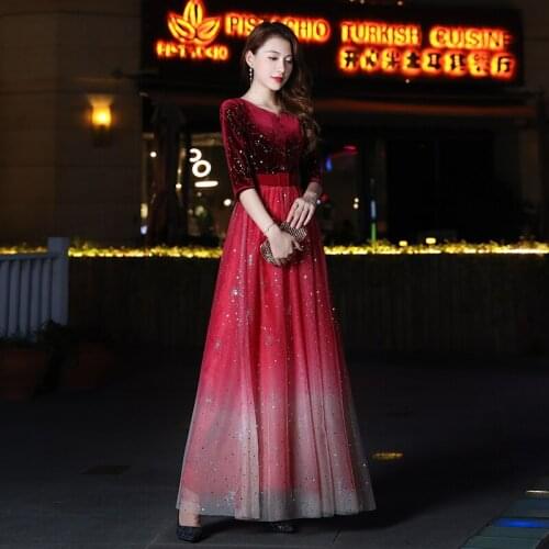 Evening dress fashion round neck bride dress long section sleeve velvet upper body gradient color 2019 new