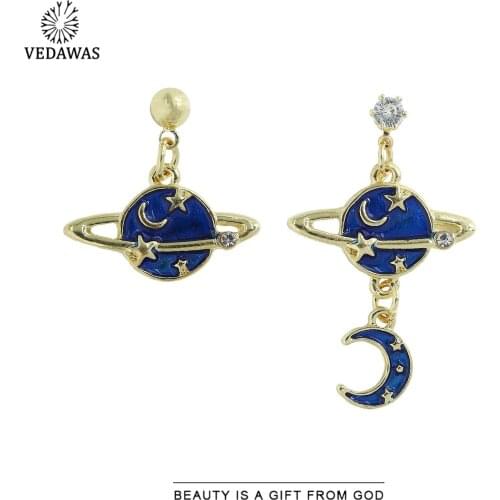 Vedawas Fashion Irregular Planet Star Moon Blue Drop Earrings for Women Boho Luxury Crystal Cute Circle Earrings Jewelry Gifts