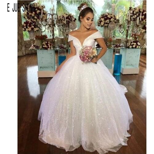 E JUE SHUNG Gorgeous Ball Gown Shiny Wedding Dresses Off Shoulder V Neck Backless Bridal Gowns vestido de noiva Bride Dresses