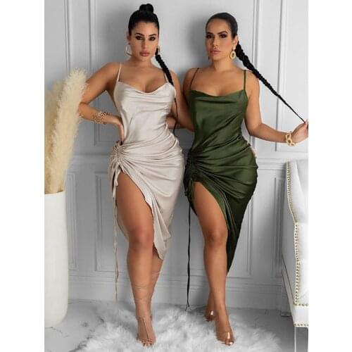 WJFZQM Drawstring Spaghetti Straps Backless Midi Dress for Women Party Sexy Vestidos Ruched Satin Summer Bodycon Streetwear 2021