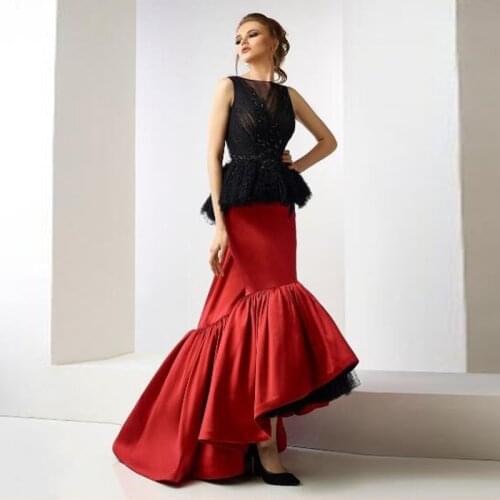 Irregular Mermaid Maxi Red Satin Women Skirts Black Mesh Inside mujer faldas Formal Wear Skirt for Prom Party faldas