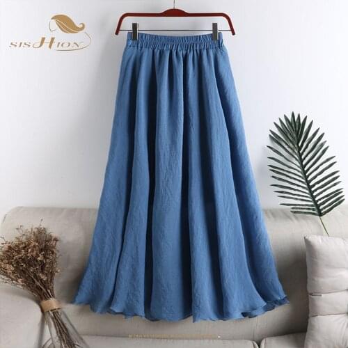 SISHION High Quality Cotton Linen Long Skirt VD1963 Womens Casual Elastic A-Line Beach Skirts Boho Saia Feminina Faldas Jupe