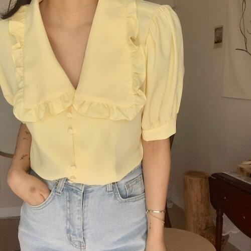Womens Shirt Sweet Solid Edible Tree Fungus Peter Pan Collar Short Sleeve Ladies Blusa Blouse Summer Fashion Casual Female Tops