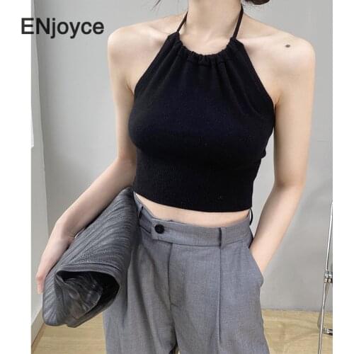 Vintage Ribbed Knitted Tank Female 2021 Summer Casual Black Stretch Halter Sexy Camis Crop Top Women Clothing Sleeveless Vest