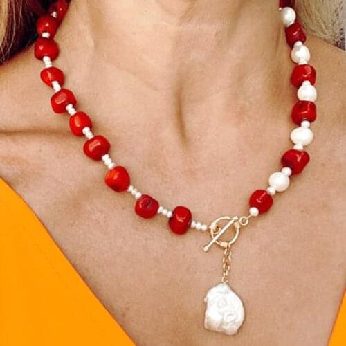 Temperament ins Fine Jewelry Exquisite Georgeos fashion natural baroque freshwater pearl red coral bead women necklace 2021