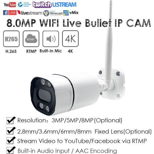 4K Wireless WiFi Compact Waterproof Bullet Live Streaming IP Camera Push Live Video to YouTube Facebook Vimeo etc