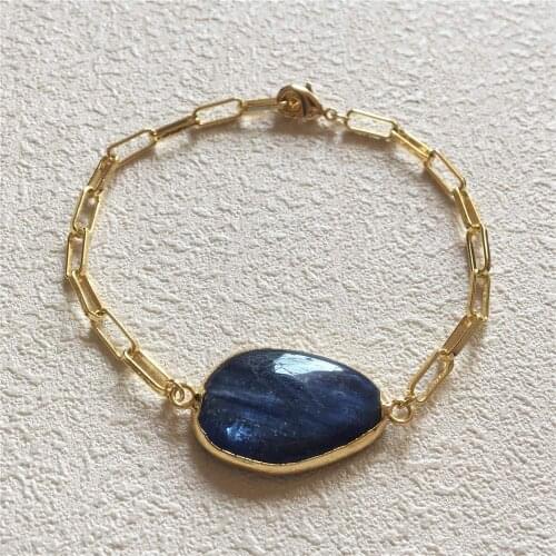 FUWO Natural Kyanite Cabochon Bracelet,Gold Trimmed Silicate Minerals With Long Box Chain,Fashion Hip Hop Style Jewelry BR013