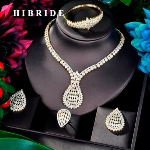 HIBRIDE Big Luxury Design Gold Color Women Wedding Set Naija Bridal Cubic Zirconia Necklace Dubai Dress Jewelry Set N-819
