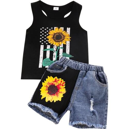 2021 0-6Y Summer Kids Baby Girl Boy Clothes Set Sunflower Print Sleeveless Black Top Vest+Patch Denim Shorts 2pcs Outfits