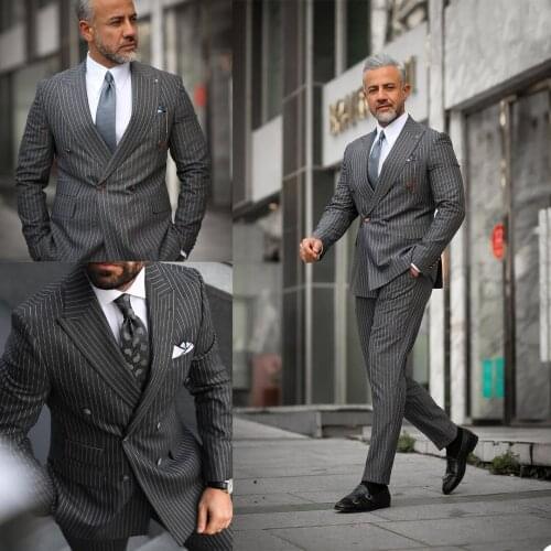 Smart Casual Men Tuxedos Custom Made Peaked Lapel Striped Blazer Party Wedding Business Jacket 2 Pieces