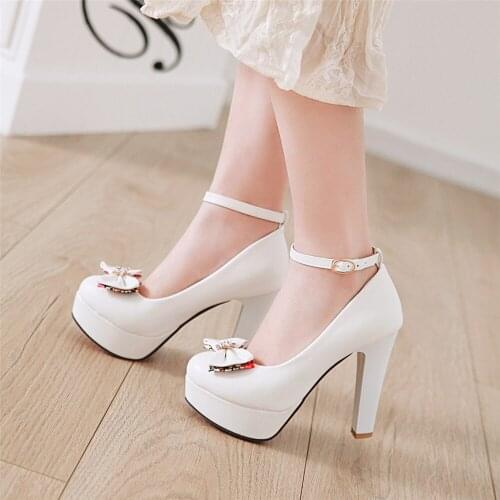 2021 Spring New high-heeled shoes Elegant 12cm thick heels platform pumps Bow Black White Pink Beige 34-43 Party Wedding Shoes