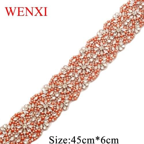 WENXI 5PCS Hand Beaded Bride Gown Sash Crystal Rhinestone Applique Patch Iron On For Dresses Headband DIY WX876