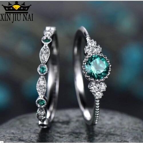 3 Colors Stackable Double Rings Sets For Women 925 Silver Round Green Blue Zircon Stone Engagement Female Birthstone Ring