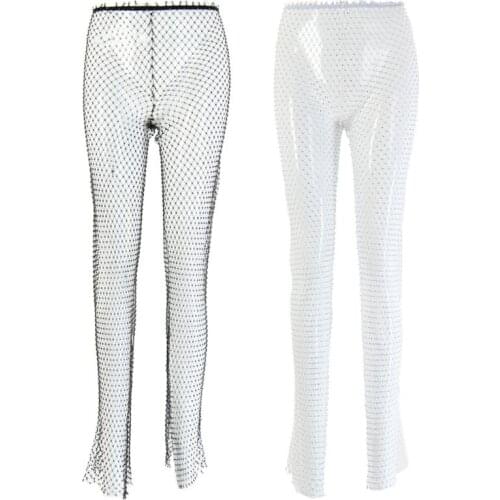 Women Net Grid Open Slit Pants Shiny Imitation Diamond Decor Leggings Tights F42F