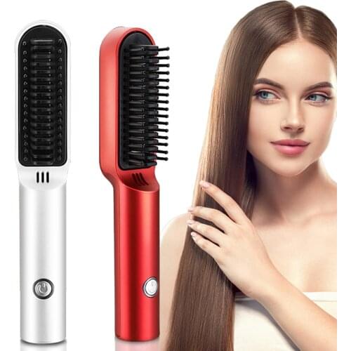 2 In 1 Hair Straightening Brush Flat Iron Heating Comb Wireless Portable Straightener USB Rechargeable Curler Hair Styling Tools