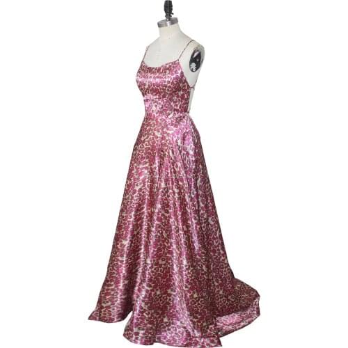 Pink Champagne Leopard Pattern Natural Criss-Cross Back A-Line Floor-Length Satin Evening Dresses/Gowns Pockets Free Shipping