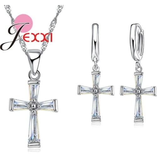 Fast Shipping CZ Crystal 925 Sterling Silver Women Jewelry Sets Cross Design Good Necklace & Earrings For Christian