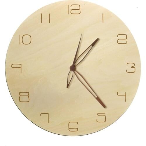 Natural Rustic Art Decorative Wall Clock Simple Arabic Numbers With Wood Hand Non-Ticking Quartz Minimalist Design Wood Clock