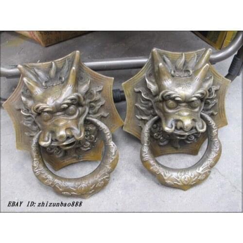 10" Feng shui china folk bronze Dragon head knocker Knock door ring statue Pair Garden Decoration 100% real Brass Bronze