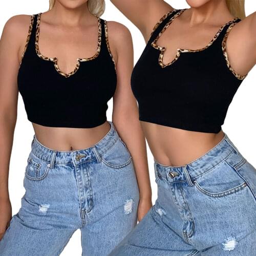 Hirigin New Women’s Slim Tank Tops Sleeveless Patchwork Leopard Edge Deep V-neck Crop Skiny Show Waist Short Clothes for Summer