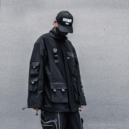 Bomber Jacket Mens 2021 Black Multi-Pocket Reflective Print Tooling Jacket Harajuku Loose Streetwear Fashion Techwear Jackets