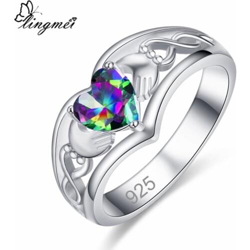 Lingmei Claddagh Style Wedding Heart Jewelry For Women Multicolor Blue Cubic Zircon Silver Color Solitaire Ring Size 6 -13 Gift