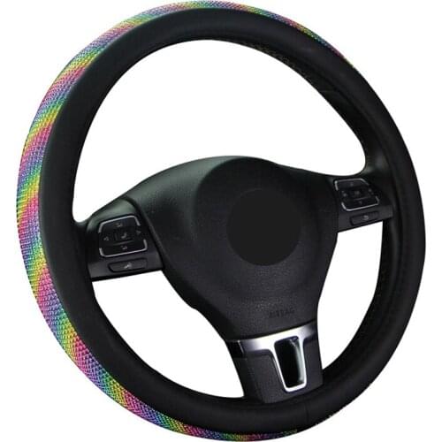 Fashion Car Steering Wheel Cover Wrap Rainbow Leopard Print Rhinestones Woman Girl Lovely Cute Auto Braid on the Steering wheel
