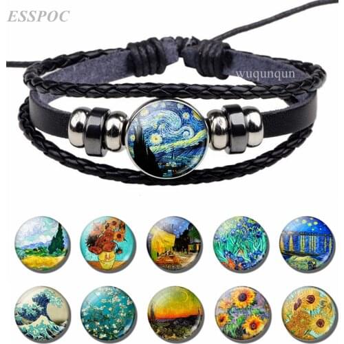 Fashion Art Van Gogh Glass Cabochon Jewelry Black Leather Woven Punk Bracelet Starry Night Sunflower Button Bangle Men Gifts