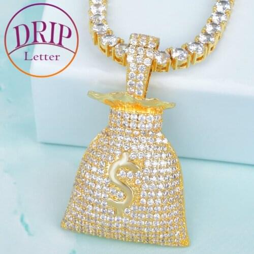 US Dollar Money Bag Pendant 4mm Tennis Chain Gold Color Bling Cubic Zircon Mens Hip Hop Necklace Jewelry For Gift