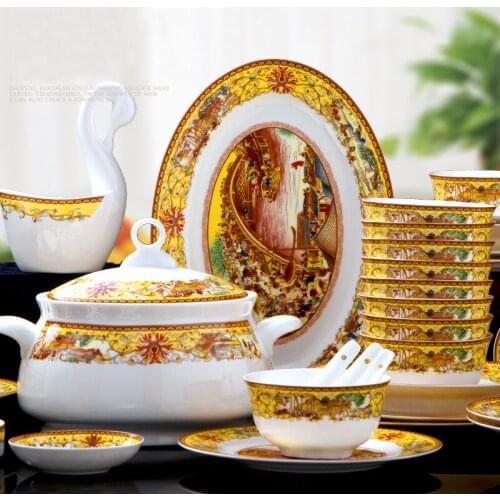28pcs 56pcs 60pcs "The Qingming Festival On the River" Glazed Bone Porcelain Tableware Jingdezhen Ceramic Bowl and Plate Set
