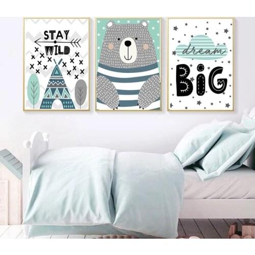 Simplism Mountain Warning Printed Poster Nordic Cartoon Bear Forest Sail Canvas Painted Wall Art Home Living Room Decoration