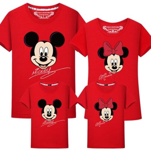 Disney Family Matching Clothes Cartoon Mickey Minnie Printed T-shirts Mother and Daughter Tops Dad Son Mom Family Look Kids