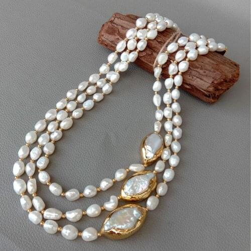 YYGEM 20" 3 strands Cultured Baroque freshwater Pearl Necklace Keshi Pearl Gold color edge Connector chokers for women