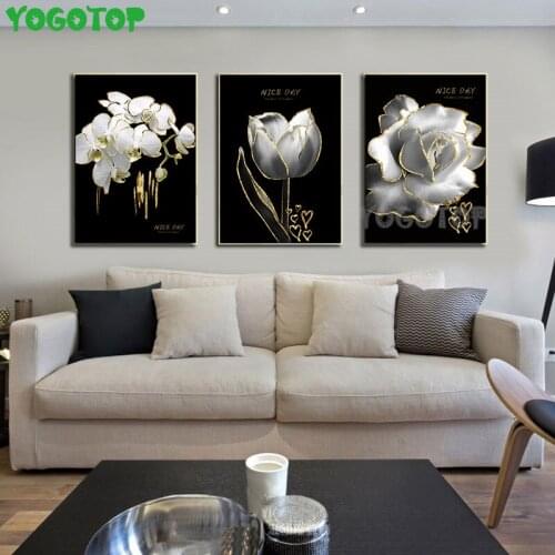 Black White Flowers puzzle diamond embroidery Full diy diamond painting cross stitch 3 pcs handmade mosaic Wall Art ML1483
