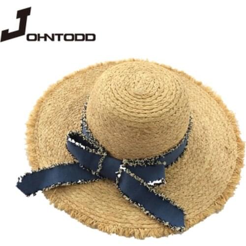 Brand Women Wide Brim Sun Protection Beach Hat Korean Version of Blue Ribbon Bowknot Straw Cap Casual Ladies Flat Top Panama Hat