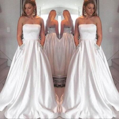 2020 Sexy Strapless A Line Evening Dresses With Pocket Beaded Satin Custom MAde Floor Length Formal Long Prom Dresses Cheap