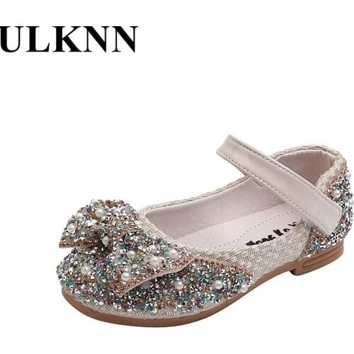 ULKNN Grace Crystal Shoe For Girls Spring Pink Princess Shoes For Little Girl Black Rubber Soft Sole Child Flat Shoes Leather