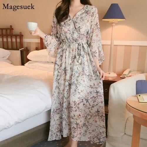 Party Slim Long Dresses Women Casual Flare Sleeve Vintage Floral Women Dress 2021 Summer Elegant Chiffon DressVestidos 10451