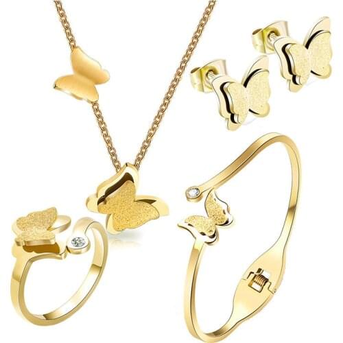 316L Titanium Steel Frosted butterfly Necklace Female Rose Gold Fashion Bracelet Necklace Set Jewelry Set AAAAA Quality