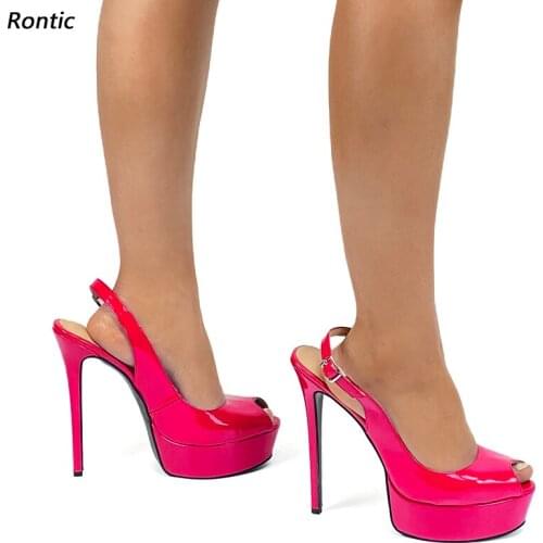 Rontic Handmade Women Platform Sandals Buckle Patent Sexy Stiletto Heels Open Toe Fuchsia Pink Burgundy Party Shoes US Size 5-20