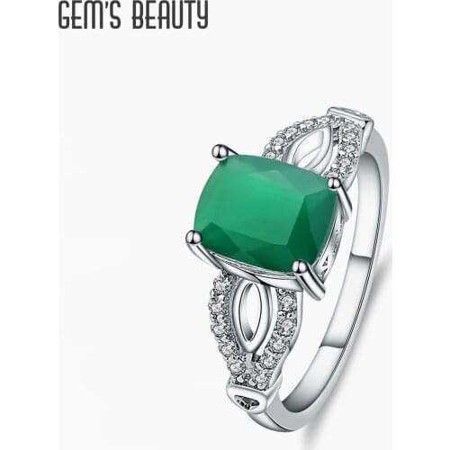 GEMS BEAUTY 925 Sterling Silver Ring For Women Simple Classic Fashion Natural Rectangle Trellis Green Agate Handmade Ring