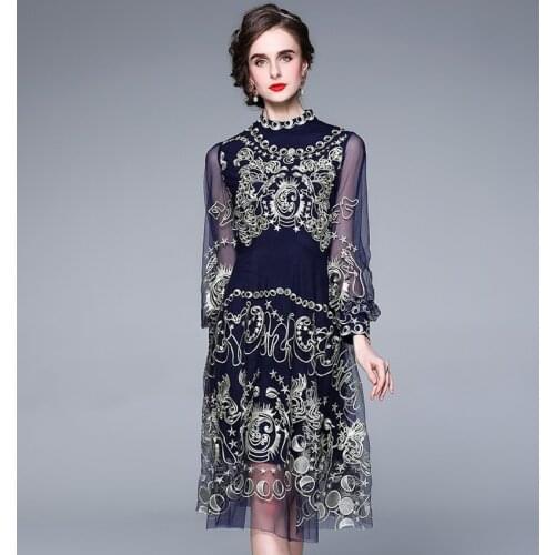 Summer 2021 New Tulle Mesh Elegant Dress Women Sweet Long Lantern Sleeve Lace Trims Stand Collar A Line Party Dress